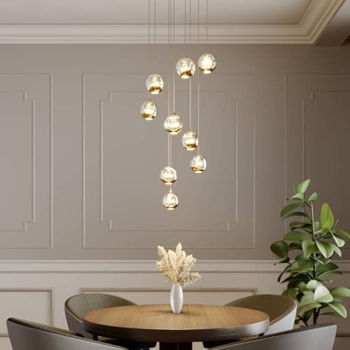 LED Suspension en verre Hayley (Moderne) Doré Métal e. a. pour Salon & Salle à manger (à 9 lampes,), Luminaire, Lampe plafond, Luminaire Plafonnier, Suspendue