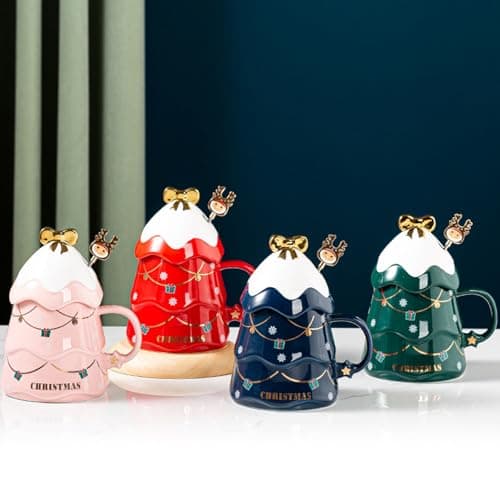 Liemuao Tasse de Sapin de Noël, 550ml Mug Mignonne en Céramique avec Couvercle et Cuillère, Tasse à Café Tasse Kawaii Chocolat Chaud Noel, Christmas Mug Set pour Famille, Ami, Collègue (Vert)