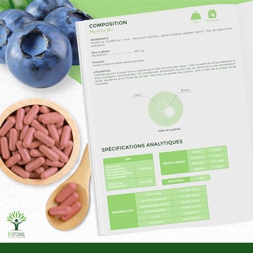 Myrtille Bio - Bioptimal - Complément alimentaire - Clarté visuelle Yeux Antioxydant Circulation - Lutéine Zéaxanthine Vitamine - 240 mg par Gélule - Fabriqué en France - Certifié Ecocert - 60 Gélules
