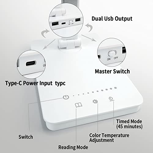Lampe de Bureau LED 15W Lampe Bureau Puissante Tactile Dimmable 10 Luminosité Réglable 5 Modes de Couleur Lampe Lecture Protection des Yeux, Port USB&Fonction Minuterie/Mémoire