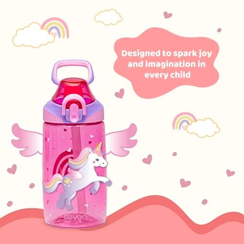 bzyoo Bouteille d'eau pour enfants 473,6 g – Étanche et facile à ouvrir ! Rose avec motifs de licorne mignons. Dispose d'une poignée et d'une fermeture sécurisée. Comprend une paille pratique pour une