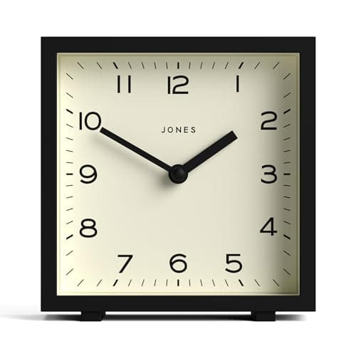 JONES CLOCKS Horloge de Bureau Disco » – Design carré élégant en Noir, élégant et Facile à Lire pour Une étagère, Une Table, Une cheminée ou Un Chevet