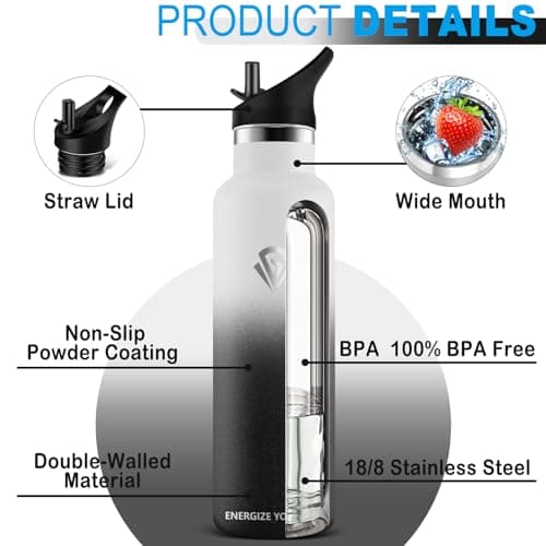 Grsta Gourde - Gourde Isotherme 1000ml - Bouteille Isotherme, Gourde Sport sans BPA, Gourde INOX Reutilisable, Gourde avec Paille pour école, Gym, Bureau