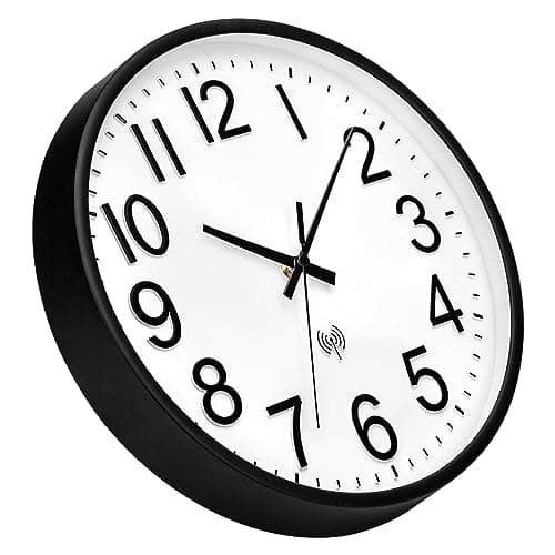 NESIFEE Horloge Radio Pilotée 30 cm Pendules Murales Silencieuse Horloge Murale Design Moderne pour Cuisine, Bureau, Salon, Décoration Mural avec Panneau Blanc & Cadre Noir