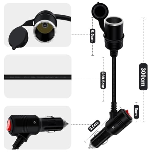 HuaLiSiJi Rallonge Allume Cigare avec Interrupteur 12V 24V Rallonge Cable Allume Cigare Interrupteur 16AWG 2x1.0mm2 Cordon Allume Cigare 15A pour Tachygraphe, GPS, Chien électronique (3 m)