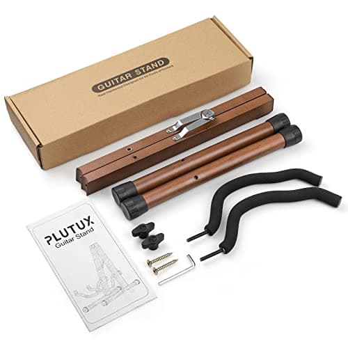 PlutuX Support de Guitare en Bois | Stand A Pliable Universel pour Guitare Acoustique | Electrique | Classique | Basse et Ukulélé | Porte Guitare Portable Support en Bois Dur Naturel Marron Foncé
