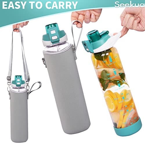 Seekua 1l Sport Gourde Verre avec Paille & Heure de Motivation 1 litre grande Bouteille d'eau Verre Réutilisable sans BPA avec Marqueur de Temps