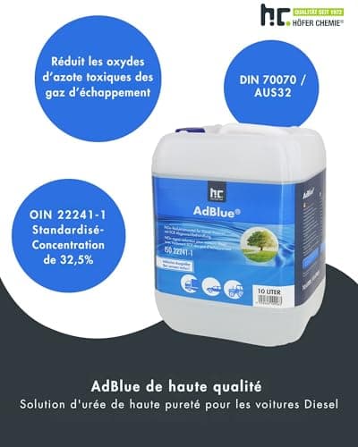 Höfer Chemie AdBlue 1 x 10L avec bec verseur - solution d'urée pour voitures diesel telles que BMW et VW - bidon avec bec verseur - réduit les oxydes d'azote toxiques