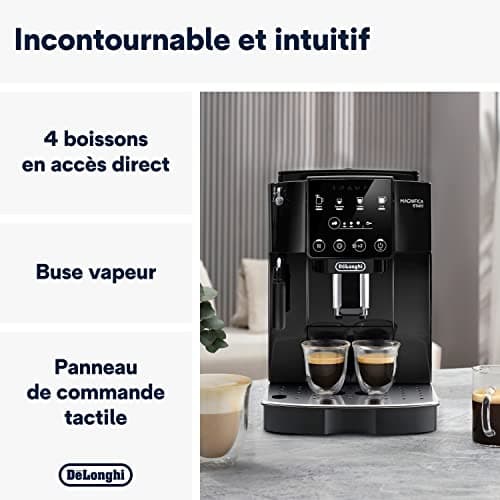 De'Longhi Magnifica Start ECAM222.20B, Machine à Café Automatique avec Buse à Lait, Machine à Espresso à Grains avec 4 Recettes Personnalisées, Panneau de Commande Soft-Touch, 1450W, Noir