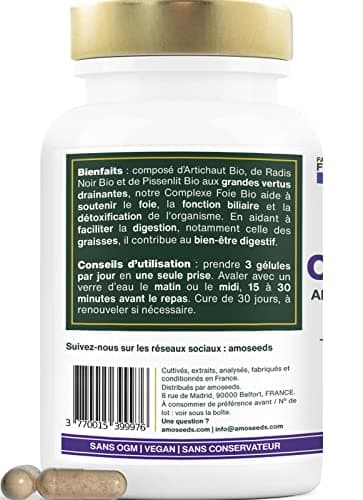 Détox Foie BIO | Puissant Détoxifiant, Draineur, Améliore la Digestion | Artichaut, Radis Noir, Pissenlit | 90 Gélules Vegan | Qualité Supérieure, Fabriqué en France