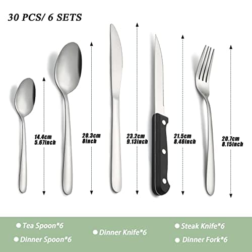 Pleafind couverts avec couteau a steak, 30 pièces couverts de table pour 6 personnes, couvert en argent comprenant cuillère, couteau, fourchette, set couverts de table inox, lave-vaisselle