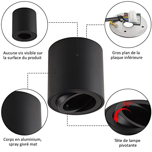Gleonlux LED spots GU10 plafonniers plat orientable 230V en Saillie Cadre avec douille spot plafond éclairage de plafond aluminium rond noir downlight luminaire plafonnier salle de bain,salon