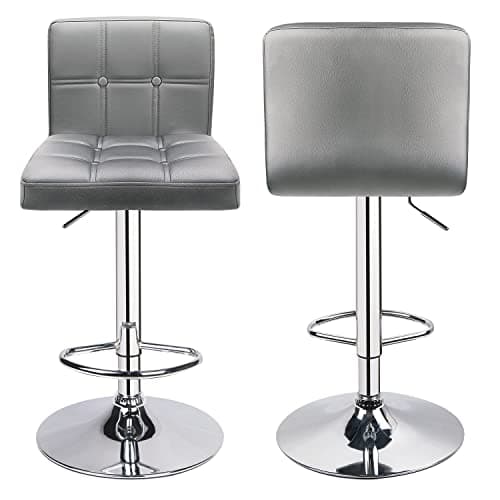 Leader Accessories Lot de 2 Tabourets de Bar,Double Couture Dos Carré avec Bouton Décoration, Réglage en Hauteur avec Dossier,Revêtement en PU, Rotatif à 360 Dégrées, pour Comptoir,Cuisine,Gris Clair