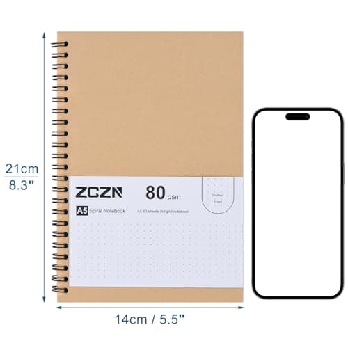 ZCZN A5 Cahier à Spirale Kraft 60 Feuillets par Bloc,Lot of 6 Blocs Carnet de Notes à Spirale Reliure Double Spirale,80 g/m2,Bloc Note Carnet Dessin,120 Pages Pointillés