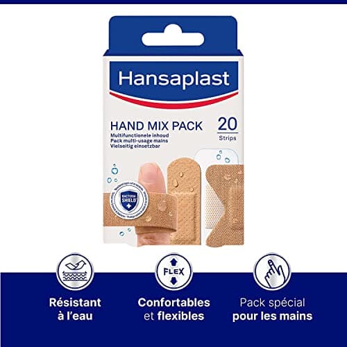 HANSAPLAST 20 Pansements Mix-Pack Mains, pansements universels résistant à l’eau et à la saleté, pansements prédécoupés spécial doigts