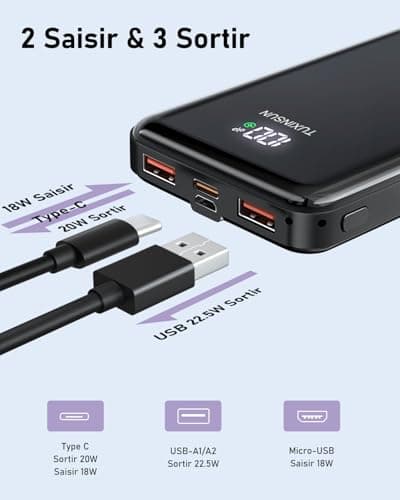 Power Bank 20000 mAh 22,5 W Banque de puissance à charge rapide PD3.0 QC4.0 Batterie externe de téléphone portable avec écran LCD Sorties et entrées USB C Chargeur portable pour smartphones Smartwatch