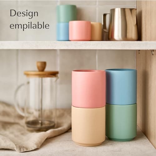 Cosumy Tasse à Café en Céramique - 4 Tasses à Cappuccino Pastel - Design Minimaliste & Empilable - Résistant à la Chaleur - Lavable au Lave-Vaisselle - 200 ml