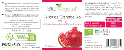 Phyto Sud Grenade Bio 750 mg - Extrait De Grenade Bio Titré à 30% de Punicalagines - Complément Alimentaire Antioxydant - 60 Gélules - 30 jours - Fabrication Française