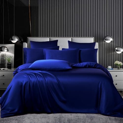 Housse de Couette 200x200cm Satin Unie Bleu Parure de Lit 2 Personnes Adulte Confortable Soie Lisse Literie avec 2 Taies d'oreiller 65x65cm avec Fermeture à Glissière