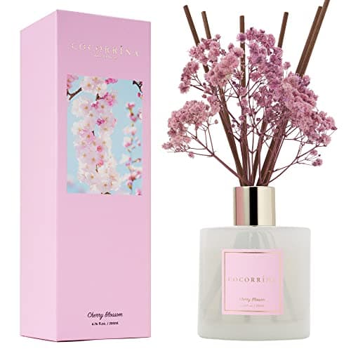 Cocorrína Diffuseur Parfum Maison, Fleur de Cerisier 200ml avec Diffuseur Bâtonnets diffuseur de Parfum, Batonnets Diffuseur Parfum, Reed Diffuseur pour Salle de Bain étagère décoration