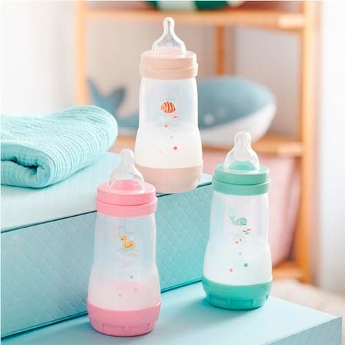 MAM - Lot de 2 biberons Easy Start Anti-Colique 2+ mois débit moyen (2 x 260 ml) Menthe + Coton – Biberon pour réduire les coliques et l'inconfort de bébé – Biberon bébé compatible avec l'allaitement