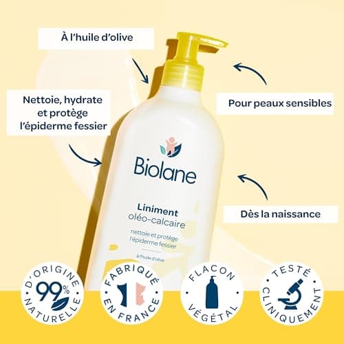 BIOLANE – Liniment oleo calcaire Bébé – Nettoyant sans rinçage – 98% Origine naturelle – Hypoallergénique – Peaux Sensibles - Nettoie et protège le siège de bébé – 700ml – Fabriqué en France