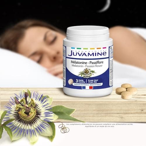 JUVAMINE - Mélatonine Passiflore - Sommeil 3 Actions : Détente, Endormissement Facilité et Sommeil Réparateur - 90 Comprimés - Format 3 Mois - Fabriqué en France