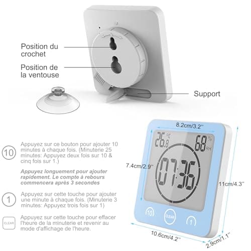 Horloge de Salle de Bain, Horloge de Douche Contrôle Tactile étanche, Alarme Numérique LCD, Thermomètre Hygromètre, Minuterie de Compte à Rebours, Alimenté par Pile, pour Maquillage Cuisine (Bleu)