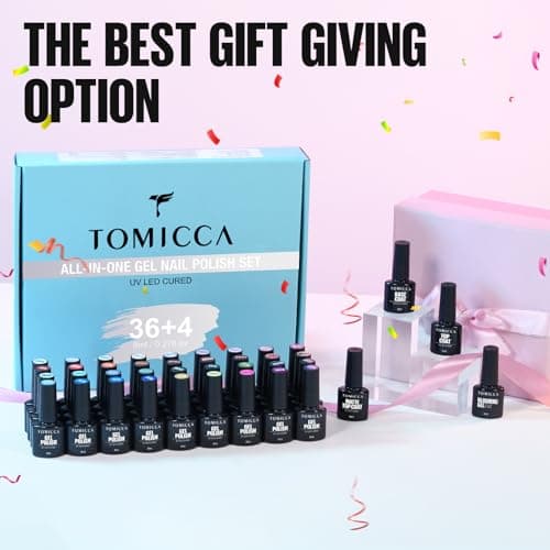 TOMICCA 42PCS Kit Vernis Semi Permanent Automn, 36 Couleurs + 1 Base + 1 No Wipe Top Coat + 1 Top Coat Matte + 1 Blooming Gel + 2 Présentoir à Clous Rond, Lot Gel Semi Permanent UV/LED