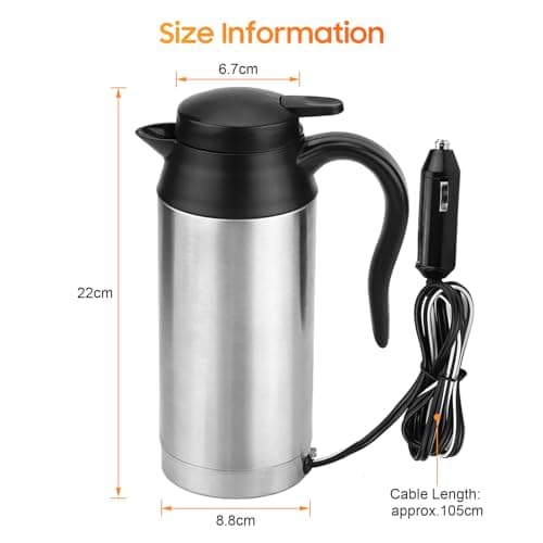 Wakects 750ml Bouilloire de Voyage pour Voiture en Acier Inoxydable, DC 12V 120W Bouilloire Allume Cigare Bouilloire de Voyage Portable pour eau Chaude, Café