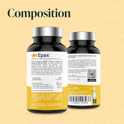 NOVOMA Oméga 3 Huile de Poisson Epax® 2000mg /j, Pure et Concentrée, 120 capsules, Riche en EPA et DHA & Vitamine E, Omega 3 Fish Oil Sans Odeur, Fabriqué en France