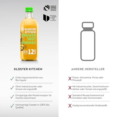 Kloster Kitchen Lot de 6 shots de gingembre bio - 360 ml - Avec véritables morceaux de gingembre - Végétalien - En verre - Doux et épicé - Sans additifs et avec une douceur naturelle
