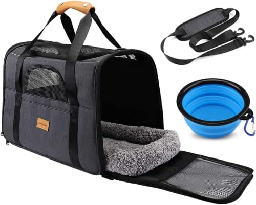 Morpilot Sac Transport Chat Chien, Caisse de Transport Chat Respirant et Pliable Cage Transport Chat avec Matelas en Peluche Amovible + Bol (Accepté au Maximum 15lbs/7kg,44 * 31 * 34cm)