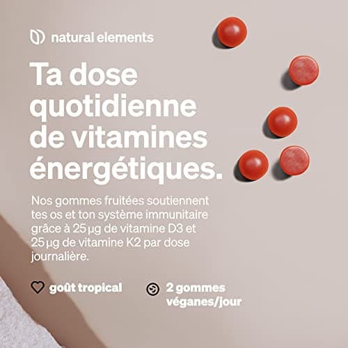 Gommes aux vitamines D3 et K2 – 1 000 U.I. de Vitamine D3 par dose journalière – 120 Gummies – goût tropical – végane et sans sucre – produit et contrôlé en laboratoire en Allemagne