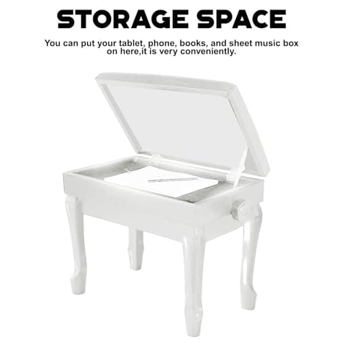 Jargrovs Banc de Piano,Banc Piano en Cuir PU épais à 10 Boutons, Tabouret Piano réglable en Hauteur à Pieds courbés en Bois Massif,Banquette Piano avec Compartiment de Rangement,Tabouret Piano Blanc