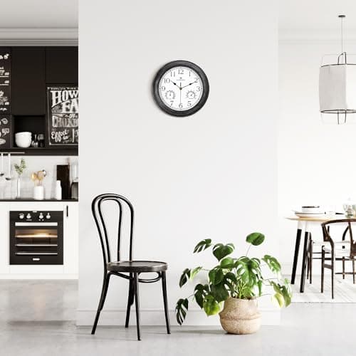 Lafocuse 30cm Horloge Murale Exterieure Etanche avec Thermomètre et Hygromètre, Vintage Noir Pendule Murale Retro, Silencieuse Shabby Chic Deco pour Extérieur, Jardin, Balcon, Salle de Bain, Cuisine
