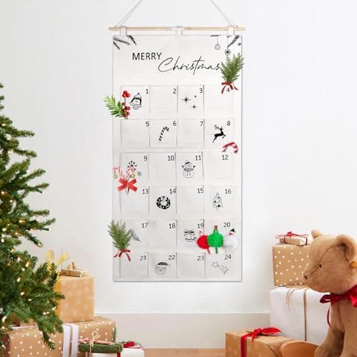 Calendrier de l'avent Noël Blanc Calendrier Mural Merry Christmas Imprimé Noir avec Poches de 24 Jours Calendrier à Suspendre Décoration Pour Compte à Rebours de Noël