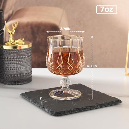 GLASKEY Lot de 2 Verres à Cognac en Cristal - décorés à la main avec de l'or 24K, Verres à Brandy à pied court pour Bourbon, Scotch, Tequila, Armagnac, Rhum, Bière, Liqueur - 21cl