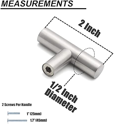 Probrico - Boutons d'armoire uniques en acier inoxydable, finition NICKEL SATINÉ, quincaillerie de meuble pour tiroirs et vanités, pack de 5 - Design européen de style barre en T, avec trou unique