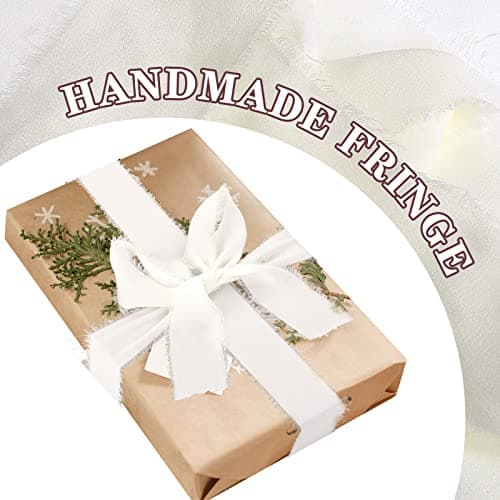 cobee Lot de 2 rouleaux de rubans en mousseline de soie faits à la main avec franges effilochées Ruban bohème pour emballage cadeau, invitations de mariage, arrangement floral -Blanc -3,8 cm x 4,9 m