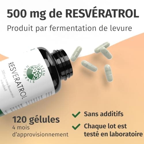 Resvératrol (120 capsules à 500mg de trans-resvératrol) de levure - Fabrication allemande - 100% Végétalien & Sans Additifs - Stock pour 4 mois