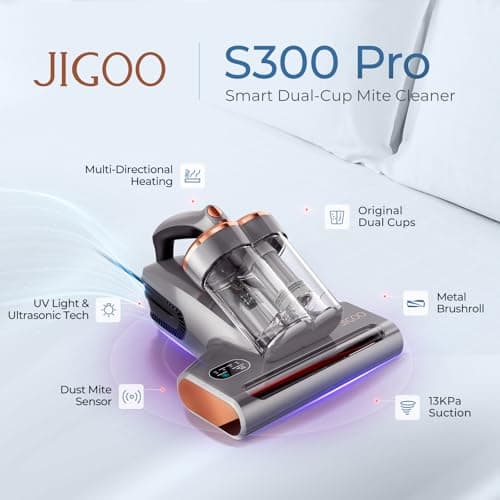 JIGOO S300 Pro Aspirateur Anti-Acariens avec Capteur d'Acariens et Affichage LED Intelligent, 500W Aspirateur Matelas avec Lampe UV, pour Allergiques, Élimine des Allergènes de Matelas et Canapés