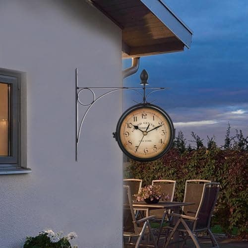 Syfunlv Horloge de Gare Rétro Double Face, Jardin Train Gare Horloge Murale, Nombre Horloge Murale en Fer, pour L’intérieur et L’extérieur Maison Terrasse Jardin Cuisine Cour Séjour, 21,8 * 21,8 cm