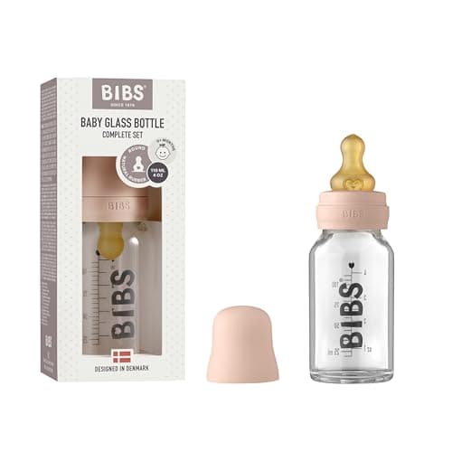 BIBS Baby Glass Bottle. Anti-colique. Embout rond en latex de caoutchouc naturel. Favorise l’allaitement naturel (Transparent, Complete Set - 110 ml)