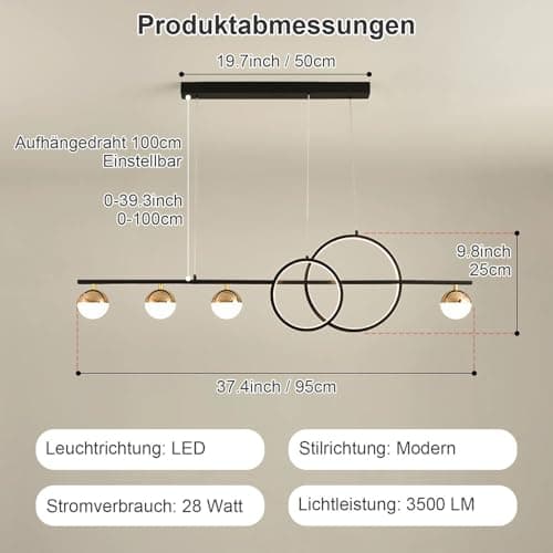 WHLL Suspension Luminaire LED Moderne Lustre Cuisine Dimmable Luminaires Intérieur Salle à Manger Hauteur Reglable Suspensions D'éclairage Intérieur Lustre Salle à Manger avec Telecommande Noir 95cm
