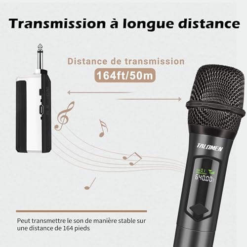 Talomen Microphone sans fil professionnel,système de dual microphone à 2.4 GHz Karaoké Dynamique Rechargeable avec Récepteur,160ft Ext,Idéal pour Karaoké,Chants,Fêtes,Soirées,DJ,Églises,Mariages,K60-2