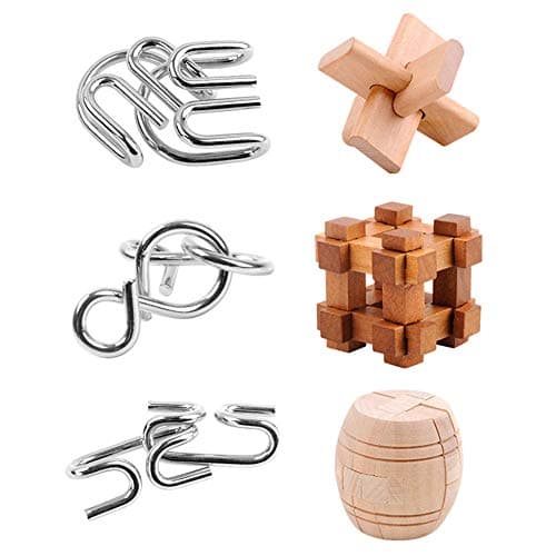 Chonor 6 Pièces 3D Puzzle en Métal Casse-tête en Bois - Classique Brain Teaser IQ Puzzle Éducatif Jouet Jeu Jigsaw pour Enfants et Adultes - Parfait pour l'idée de Cadeau et la Décoration à la Maison