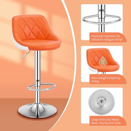 WOLTU Tabouret Bar, Chaise Haute Bar, Tabouret en Similicuir, Réglable en Hauteur, avec Dossier, Repose-Pieds, Chaise Haute Cuisine, Orange, BH30or-1