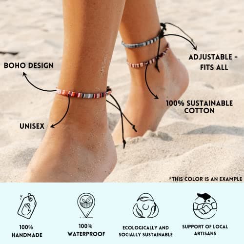 Made by Nami Bracelet de cheville pour hommes et femmes - boho hippie - accessoires de plage et de festival - fabriqués à la main - 100% coton écologique, imperméable et ajustable (Foncé Multi)