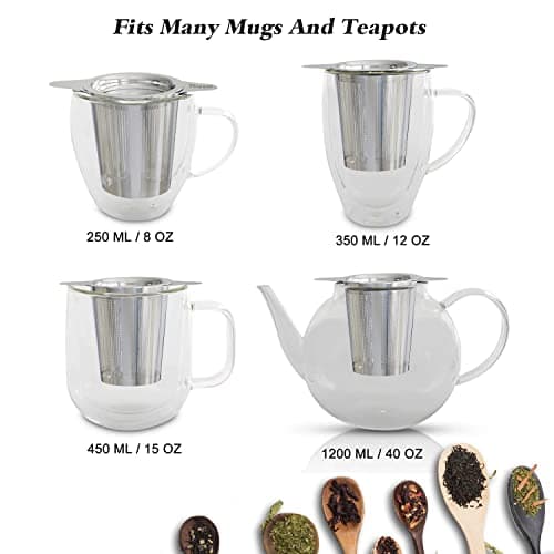 Yoassi Filtre à Thé,2PCS Infuseur à thé Trou Fin en 304 Acier Inoxydable, Passe-Thés à Manche avec Deux Languettes Et Couvercle Universel pour Théière, Mug, Tasse, Bouteille